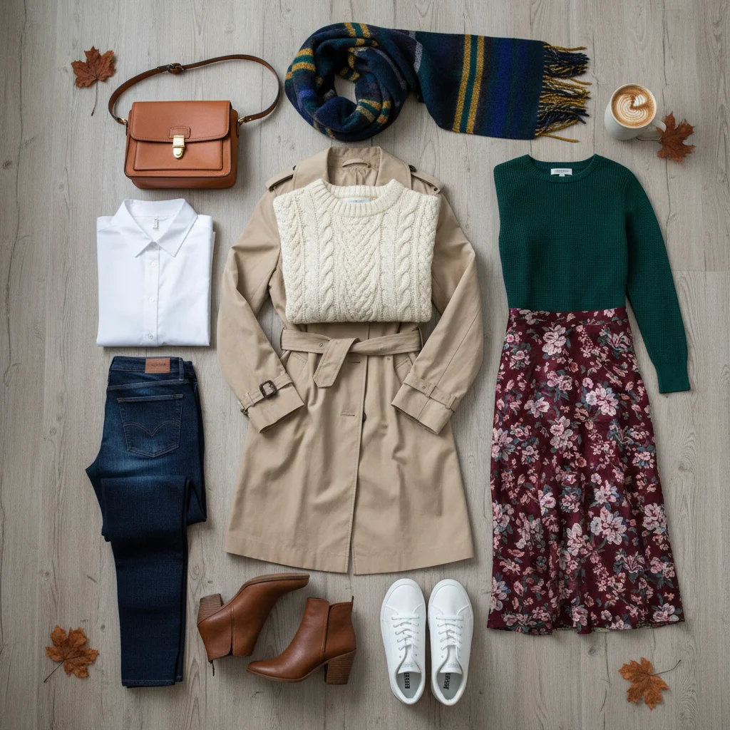 Flat lay of 12 essential fall capsule wardrobe pieces