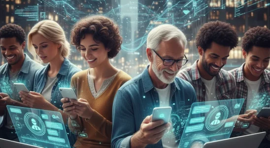 People using AI chatbots on various devices for online search