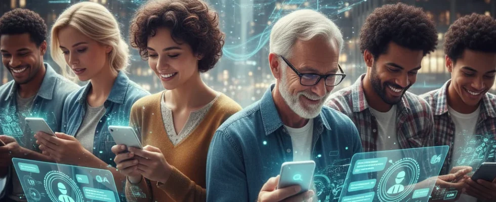 People using AI chatbots on various devices for online search