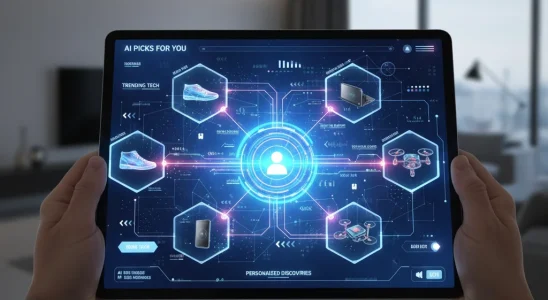 AI-powered online shopping experience on a tablet with personalized product recommendations