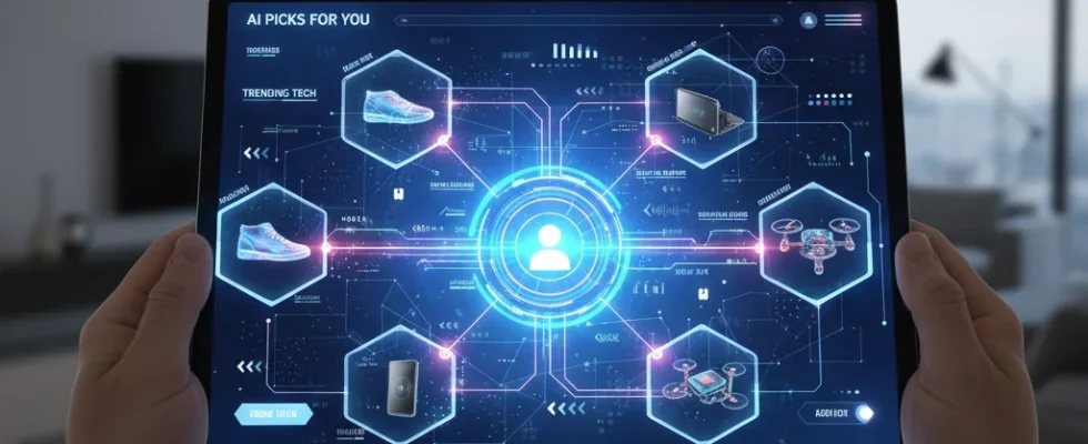 AI-powered online shopping experience on a tablet with personalized product recommendations