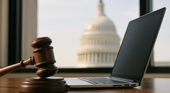 AI regulation in the U.S.: gavel and laptop on a desk near the Capitol