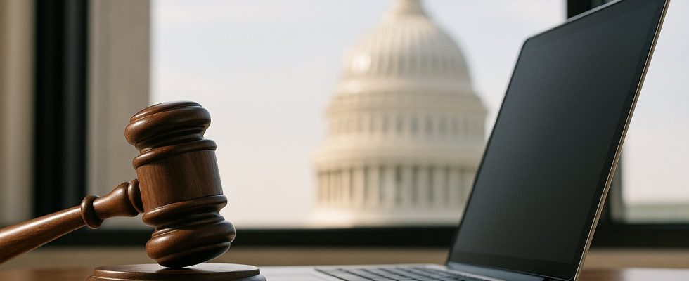 AI regulation in the U.S.: gavel and laptop on a desk near the Capitol