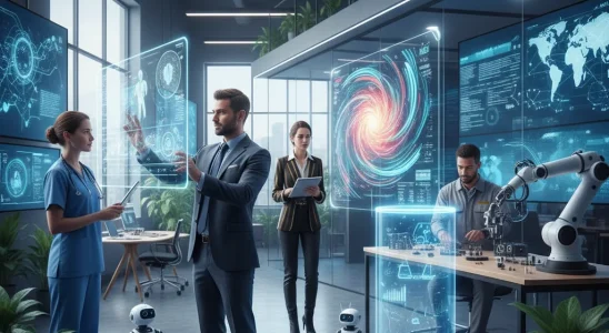 Professionals interacting with AI tools in a modern office environment, symbolizing the impact of AI on various jobs.