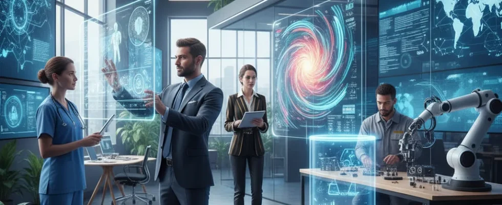 Professionals interacting with AI tools in a modern office environment, symbolizing the impact of AI on various jobs.