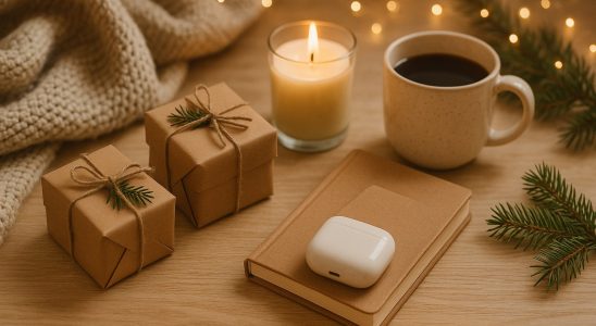 Best Christmas gifts under $50: cozy flat lay of affordable holiday gifts