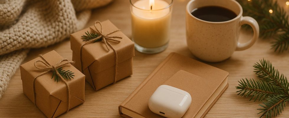 Best Christmas gifts under $50: cozy flat lay of affordable holiday gifts