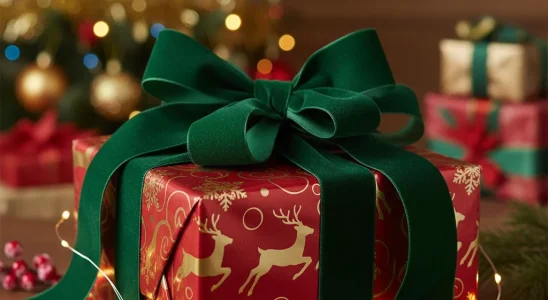 Festive Christmas gift box with red ribbon and holiday decorations.