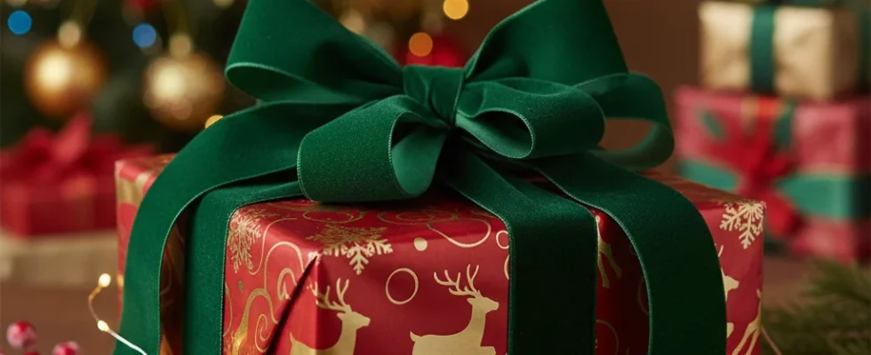 Festive Christmas gift box with red ribbon and holiday decorations.