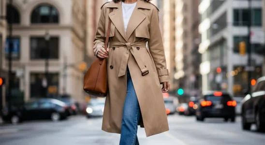 Woman in classic beige trench coat walking city street