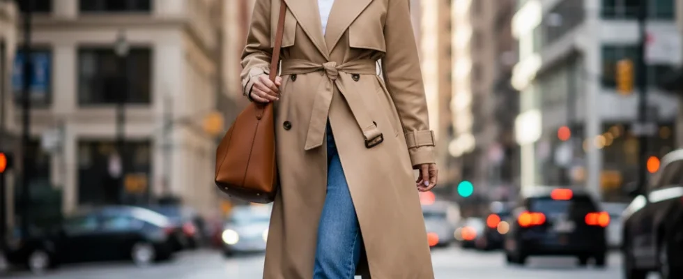 Woman in classic beige trench coat walking city street