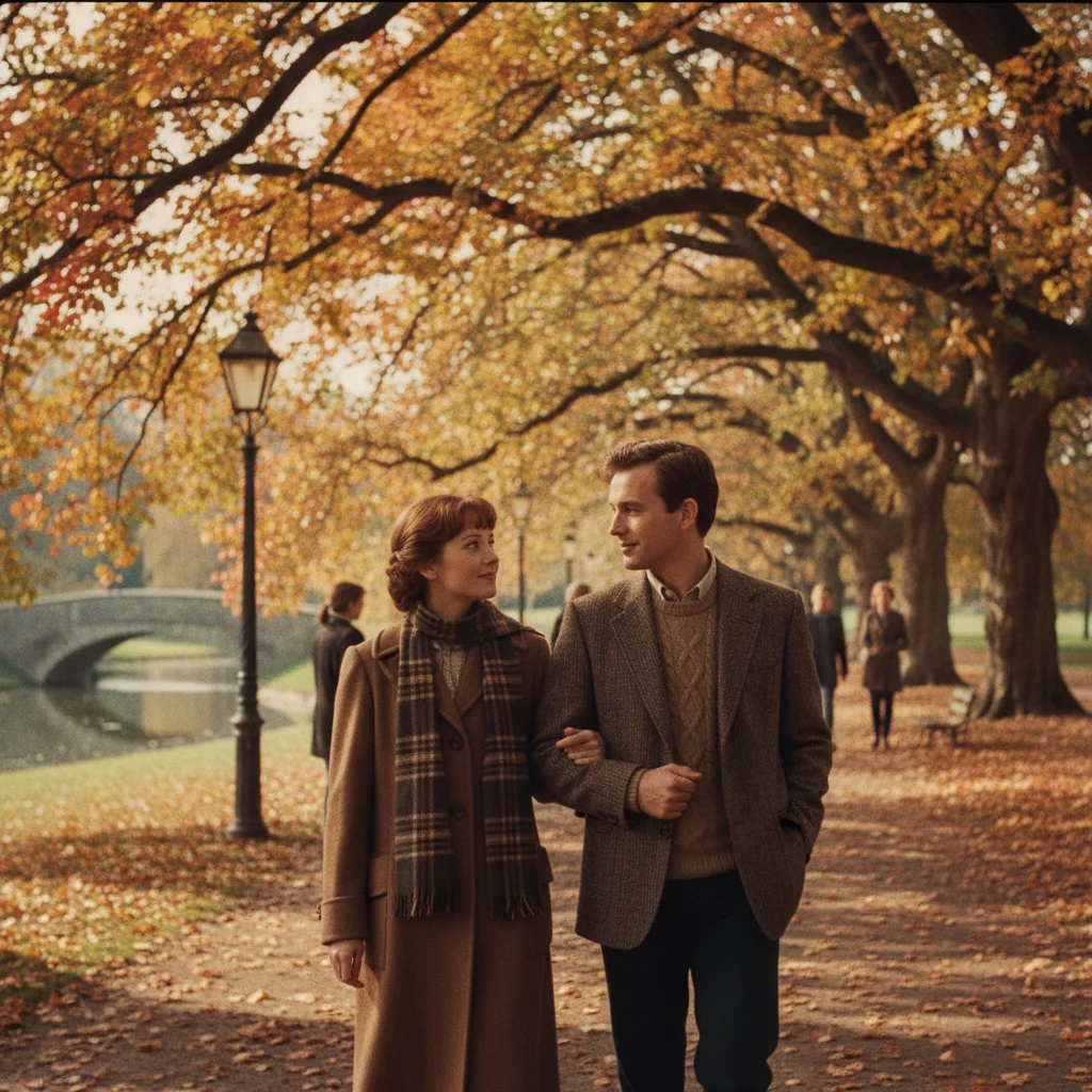 Characters enjoying a walk through colorful autumn leaves in a classic fall movie scene