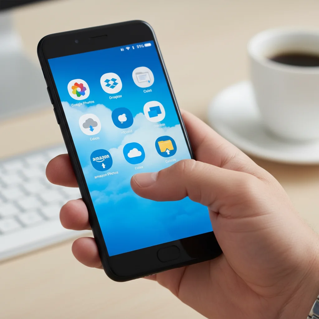 Hand interacting with cloud storage apps on a smartphone screen