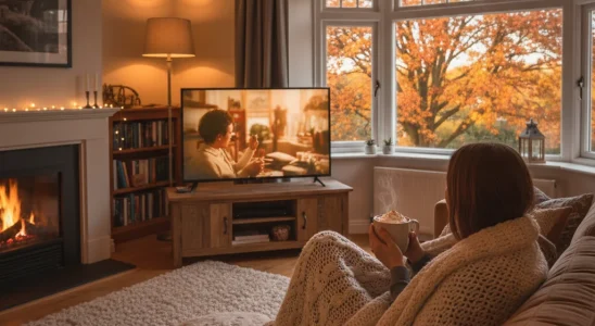 Person on couch watching a cozy fall movie with warm lighting