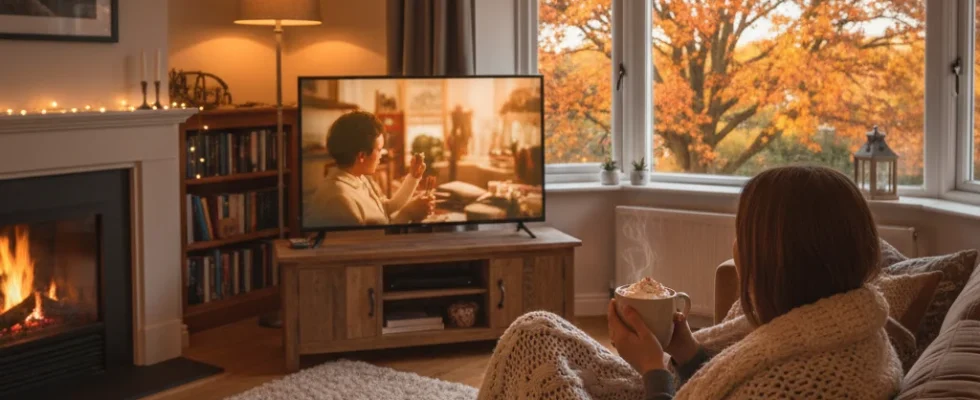 Person on couch watching a cozy fall movie with warm lighting
