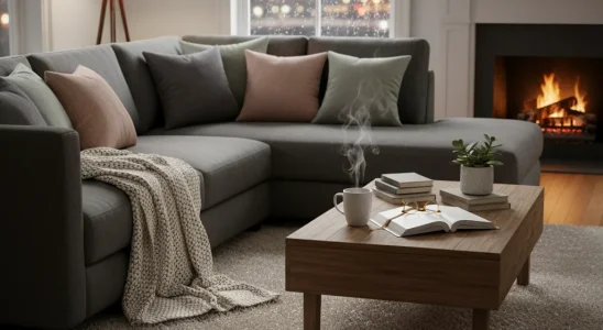 Cozy living room with warm lighting, perfect for a homebody