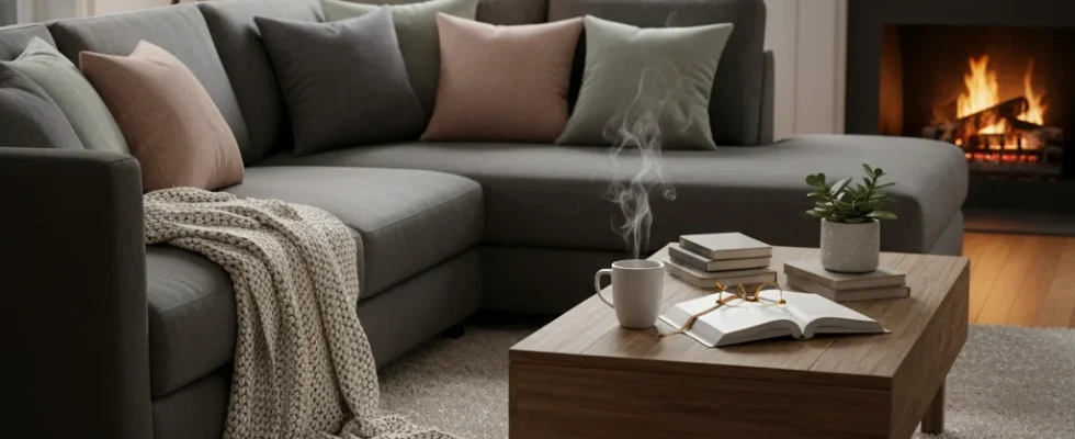 Cozy living room with warm lighting, perfect for a homebody