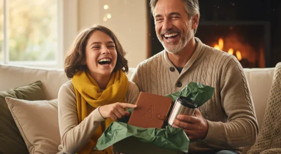 Dad and child enjoying a thoughtful gift exchange, warm family moment