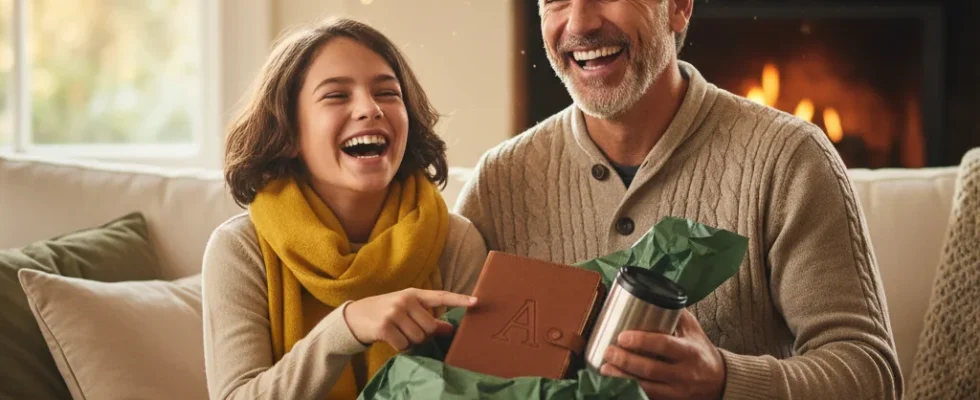 Dad and child enjoying a thoughtful gift exchange, warm family moment