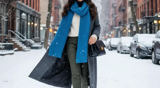 Woman in elegant layered winter outfit on snowy street