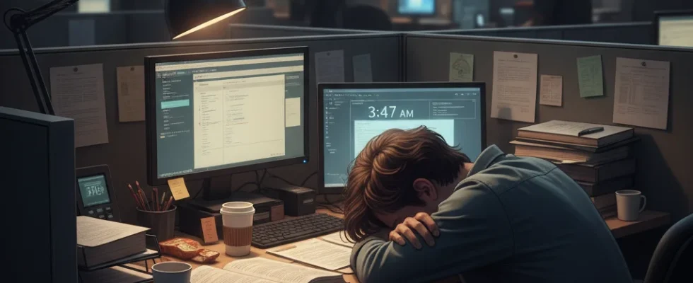 Exhausted person at desk, head in hands, showing signs of burnout and overwhelm.