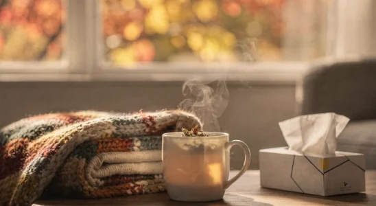 Cup of herbal tea, tissues, and autumn leaves showing relief from fall allergies or a cold