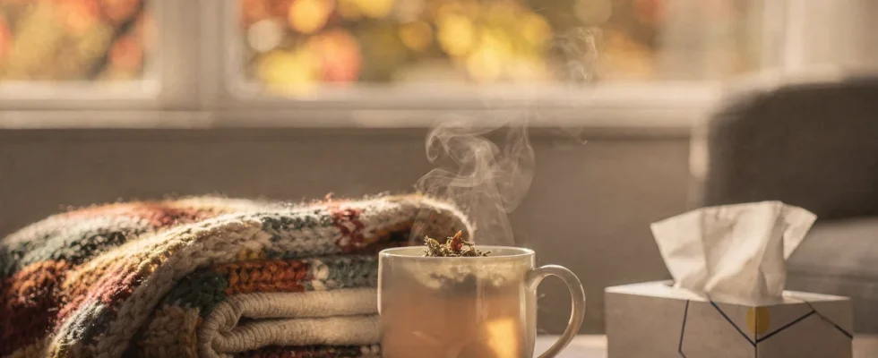Cup of herbal tea, tissues, and autumn leaves showing relief from fall allergies or a cold
