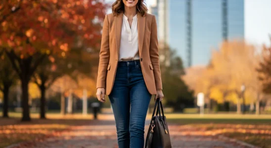 Woman in camel blazer and jeans, ideal business casual fall outfit