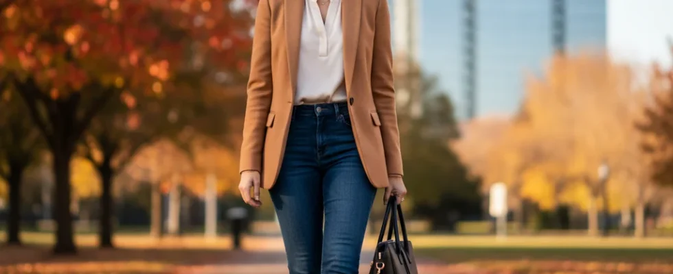 Woman in camel blazer and jeans, ideal business casual fall outfit
