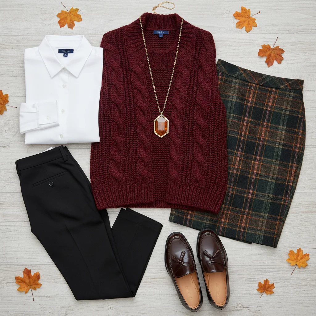 Flat lay of fall business casual clothing essentials