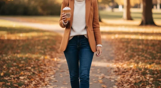 Woman in camel blazer and jeans for fall capsule wardrobe
