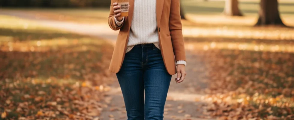 Woman in camel blazer and jeans for fall capsule wardrobe