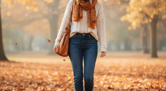 Stylish woman in dark wash straight leg jeans and sweater for fall fashion