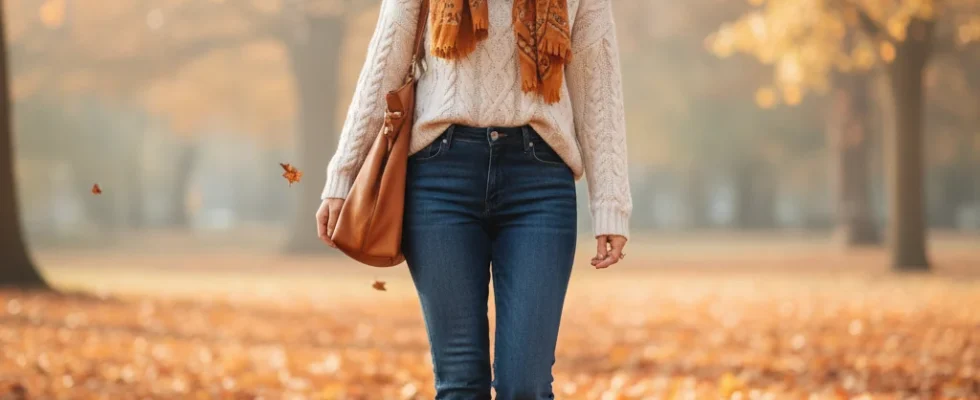 Stylish woman in dark wash straight leg jeans and sweater for fall fashion