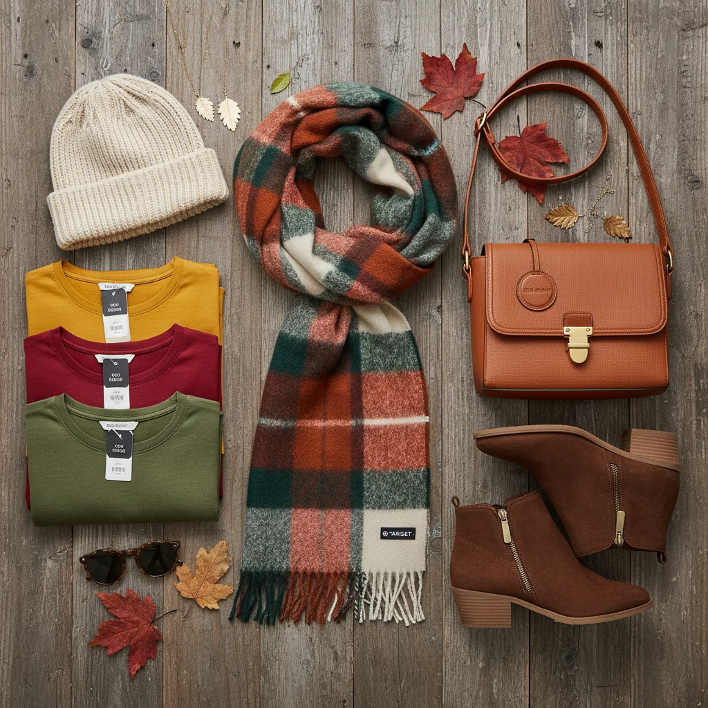 Flat lay of fall accessories: plaid scarf, crossbody bag, ankle boots, long-sleeve tees.