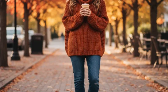 Woman in cozy fall sweater and jeans, holding latte, smiling.