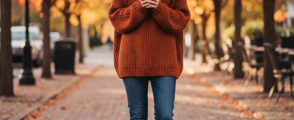 Woman in cozy fall sweater and jeans, holding latte, smiling.