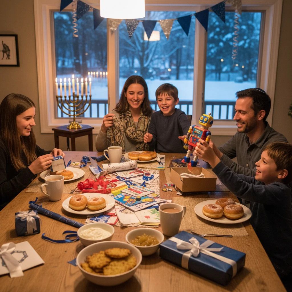 Joyful family opening Hanukkah gifts together, celebrating the holiday