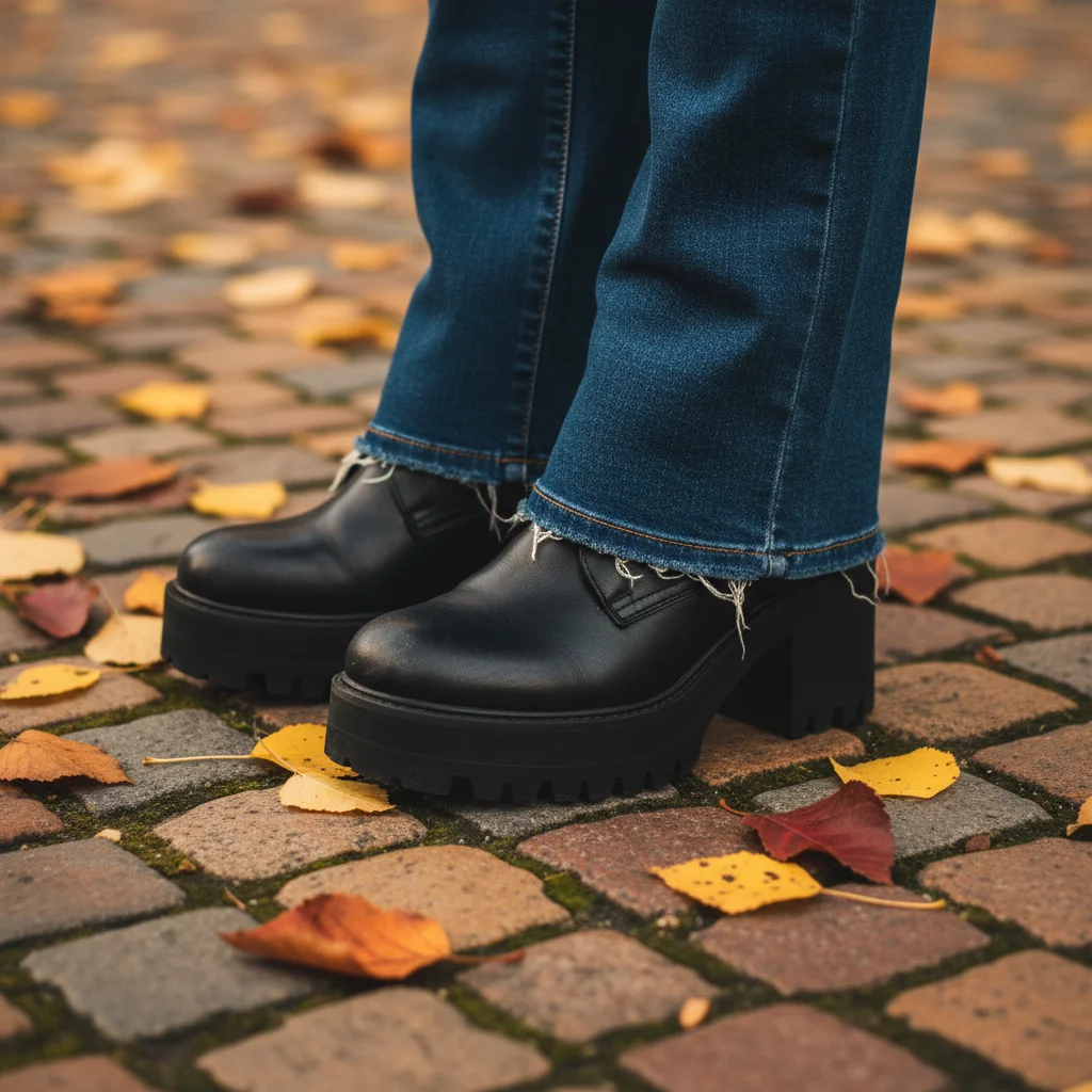 Close-up of flared jeans and platform boots for a retro fall look
