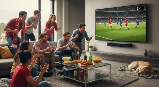 Friends cheering watching live sports on TV without cable