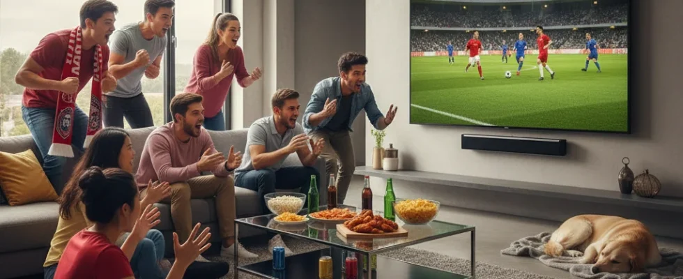 Friends cheering watching live sports on TV without cable