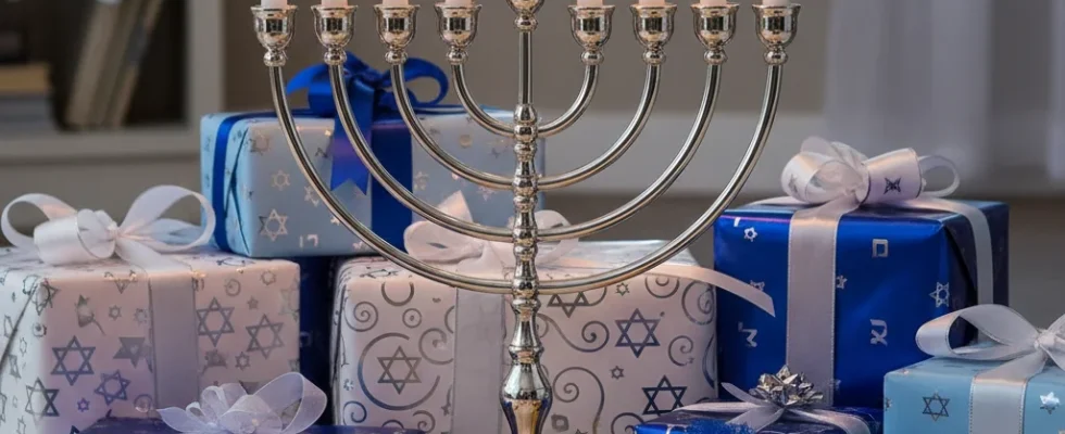 Menorah lit with candles surrounded by festive Hanukkah gifts and decorations
