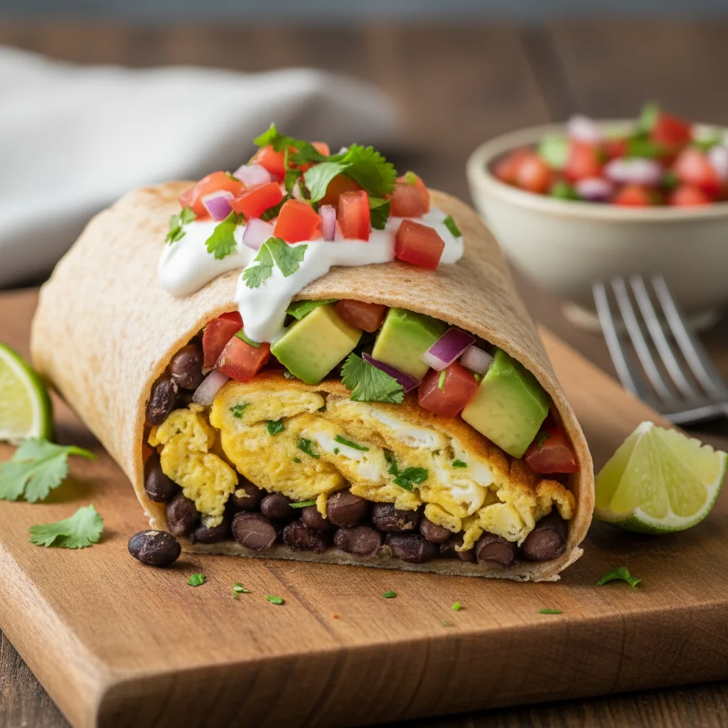 Healthy breakfast burrito with eggs, beans, and avocado