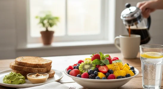 Healthy breakfast spread with fruit and toast, representing mindful eating