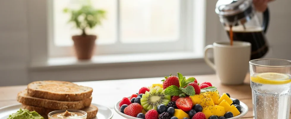 Healthy breakfast spread with fruit and toast, representing mindful eating