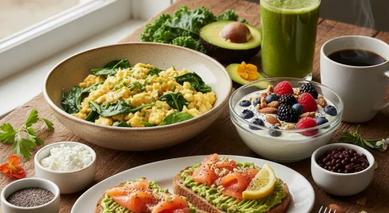 Delicious high-protein breakfast spread with eggs, yogurt, and salmon toast