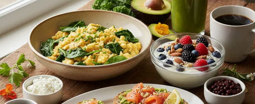 Delicious high-protein breakfast spread with eggs, yogurt, and salmon toast
