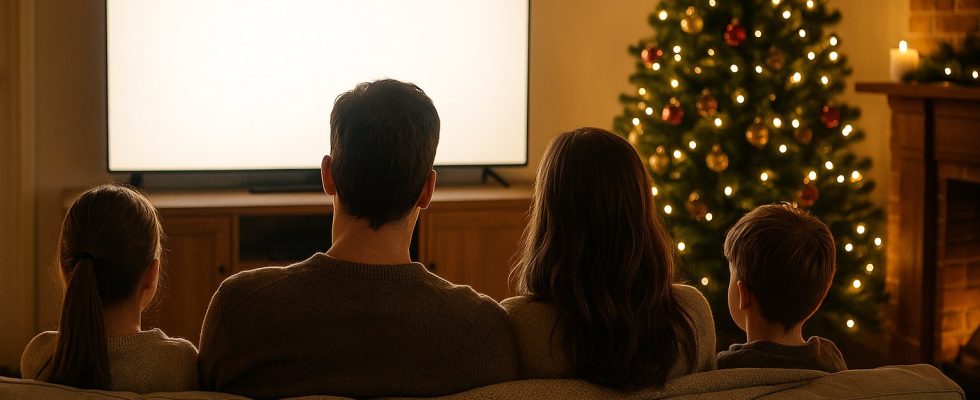 Best holiday movies to stream: family watching a movie by the Christmas tree
