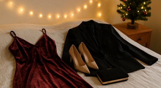 Holiday party outfits: festive dresses and a blazer ready for a party