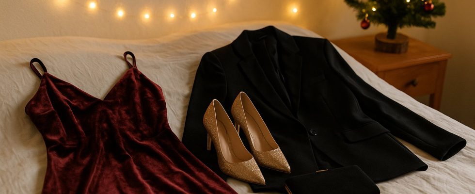Holiday party outfits: festive dresses and a blazer ready for a party